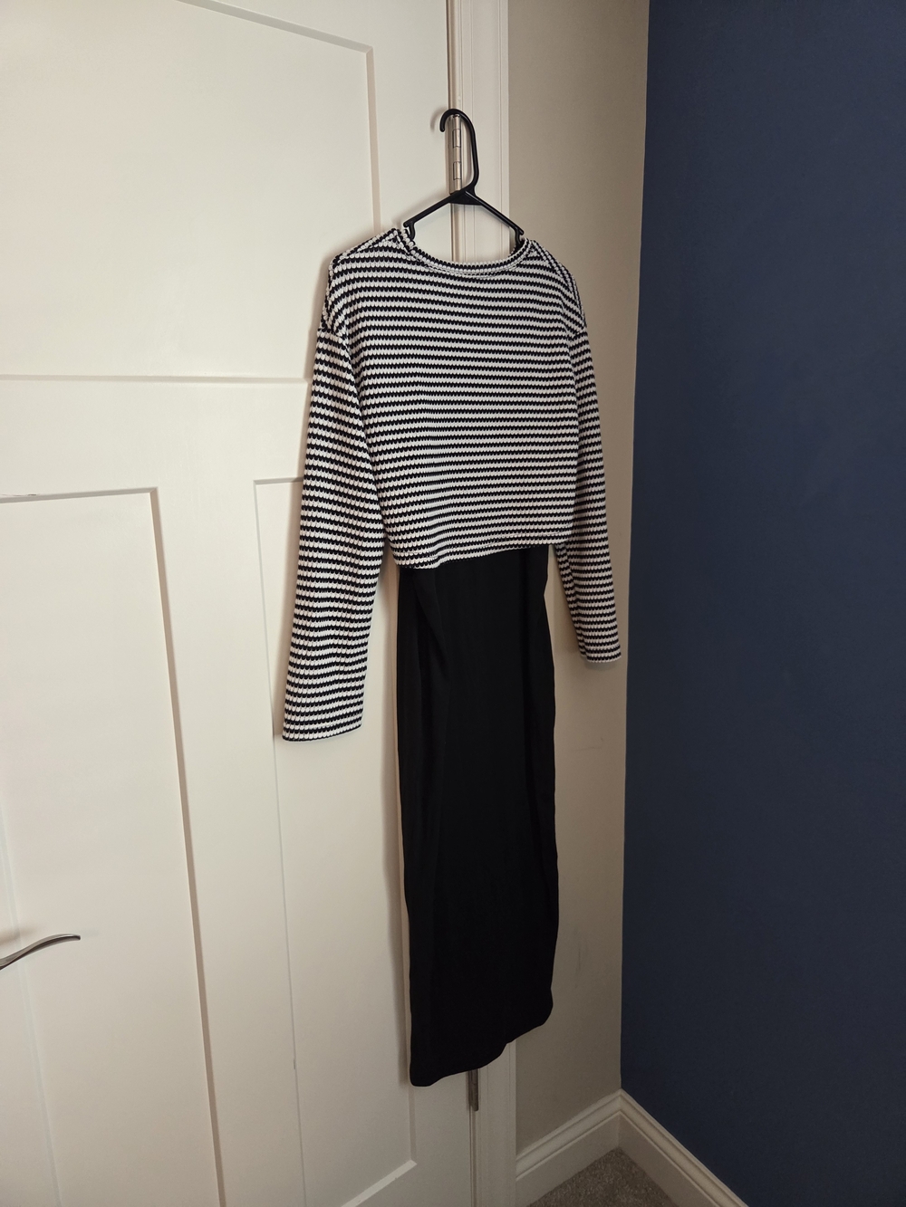 Black Maternity Maxi Skirt with Black & White Stripe Top - Fitted Unbranded
